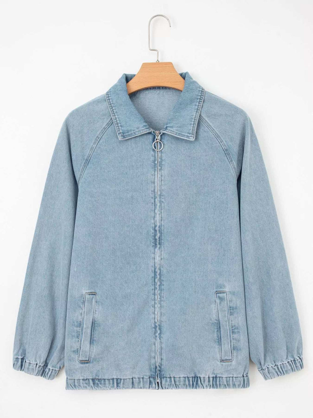 Elastic Edge Collared Zip Up Denim Jacket With Pocket - Trendsi - Flyclothing LLC