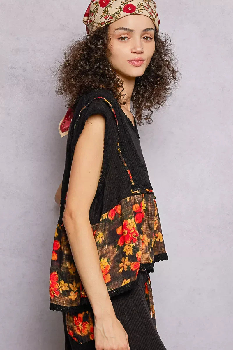 POL Lace Detail Floral Cropped Ruffled Top - Trendsi - Flyclothing LLC