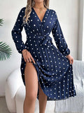 Tied Polka Dot Long Sleeve Midi Dress - Trendsi - Flyclothing LLC