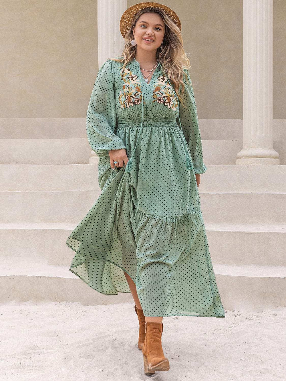 Plus Size Tassel Printed Tie Neck Long Sleeve Midi Dress - Trendsi - Flyclothing LLC