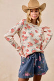 BiBi Floral Print Washed Waffle Thermal Top With Thumb - Trendsi - Flyclothing LLC