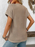 Striped Notched Short Sleeve T-Shirt - Trendsi - Flyclothing LLC