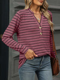 Striped Henley T-Shirt with Button Detail - Trendsi - Flyclothing LLC