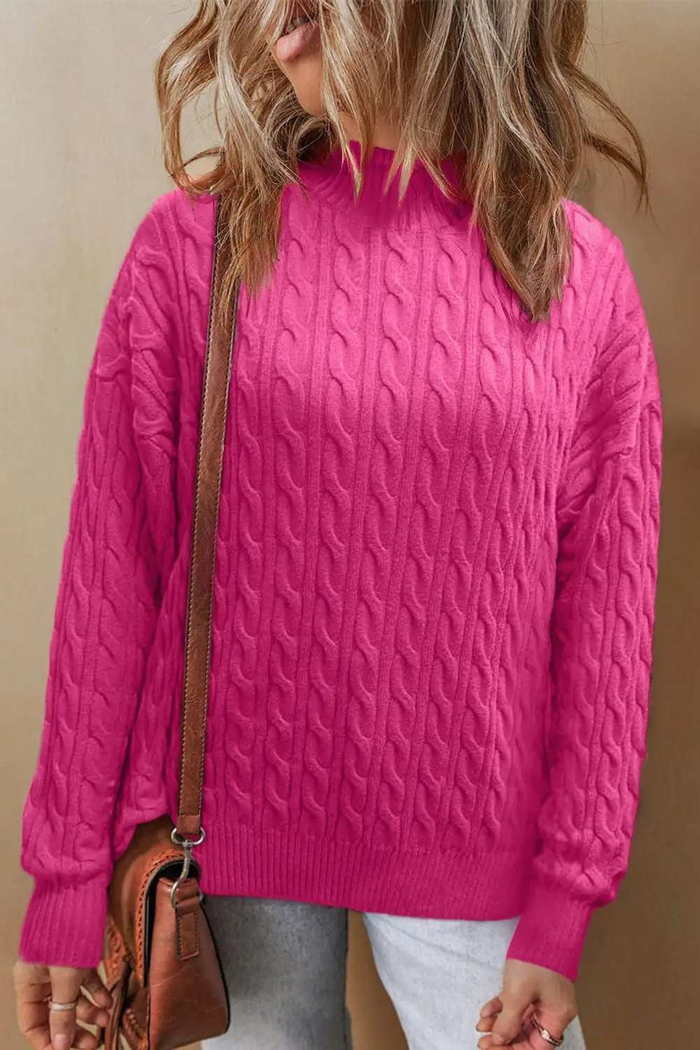 Cable-Knit Mock Neck Long Sleeve Sweater - Trendsi - Flyclothing LLC