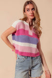 SO ME Multi Color Stripe Loose Fit Cap Sleeve Sweater Top - Trendsi - Flyclothing LLC