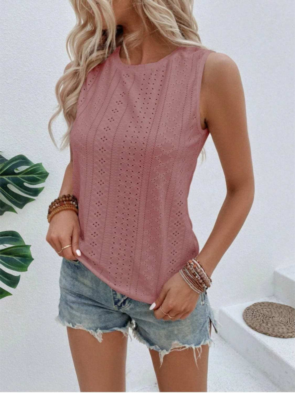 Eyelet Round Neck Tank - Trendsi - Flyclothing LLC