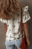 Bow Print Tie Neck Short Sleeve Blouse - Trendsi - Flyclothing LLC