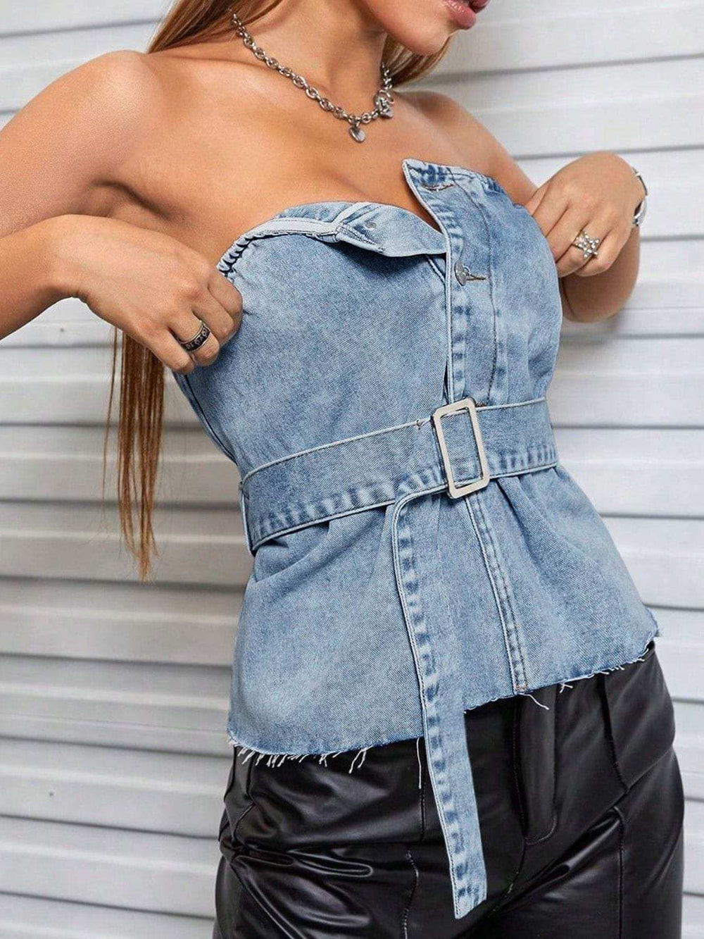 Frayed Hem Button Detail Tube Top - Trendsi - Flyclothing LLC