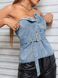Frayed Hem Button Detail Tube Top - Trendsi - Flyclothing LLC