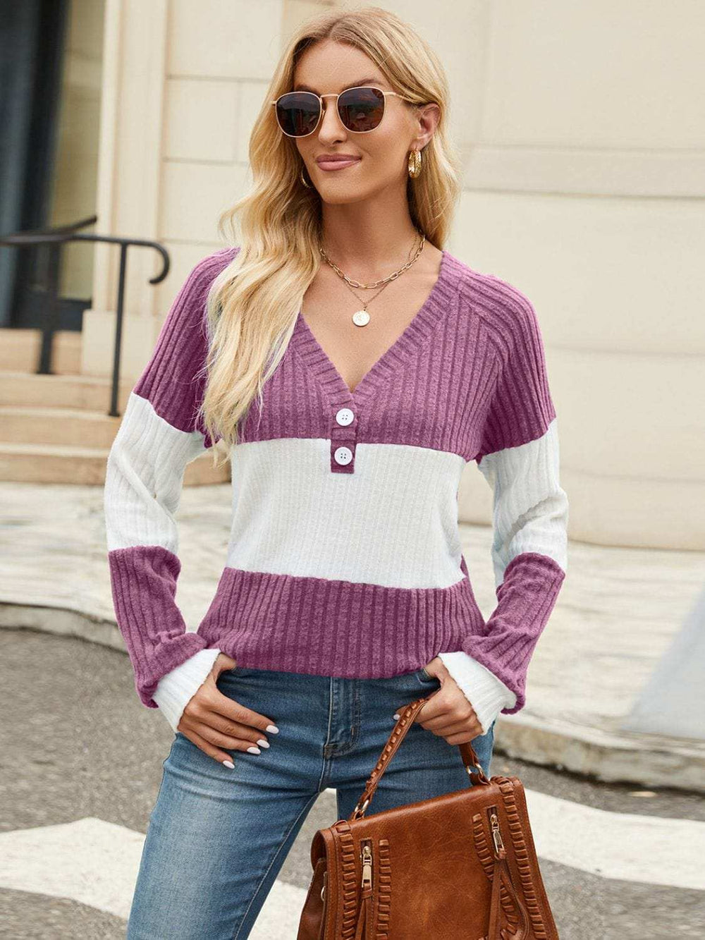 Color Block V-Neck Long Sleeve T-Shirt - Trendsi - Flyclothing LLC