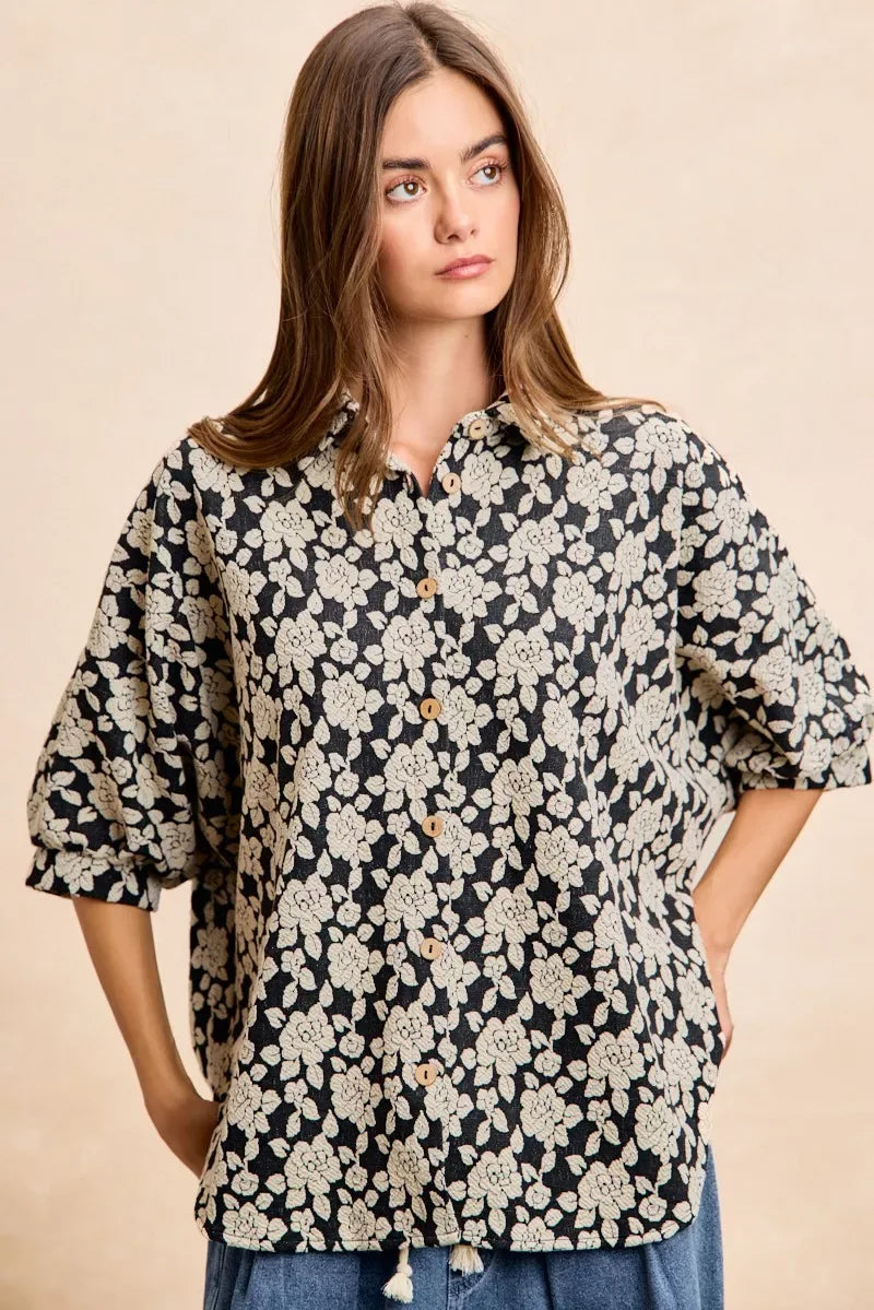 BiBi Floral Jacquard Short Dolman Sleeves Shirt - Trendsi - Flyclothing LLC