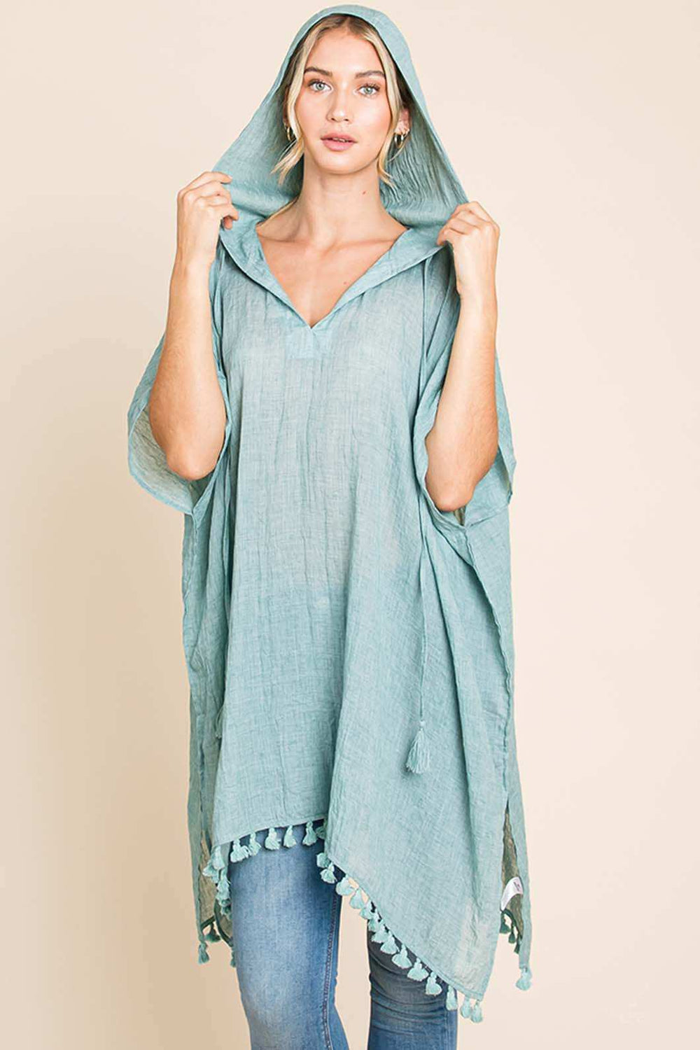Cotton Bleu by Nu Label Tassel Hem Hooded Cover Up - Trendsi - Flyclothing LLC