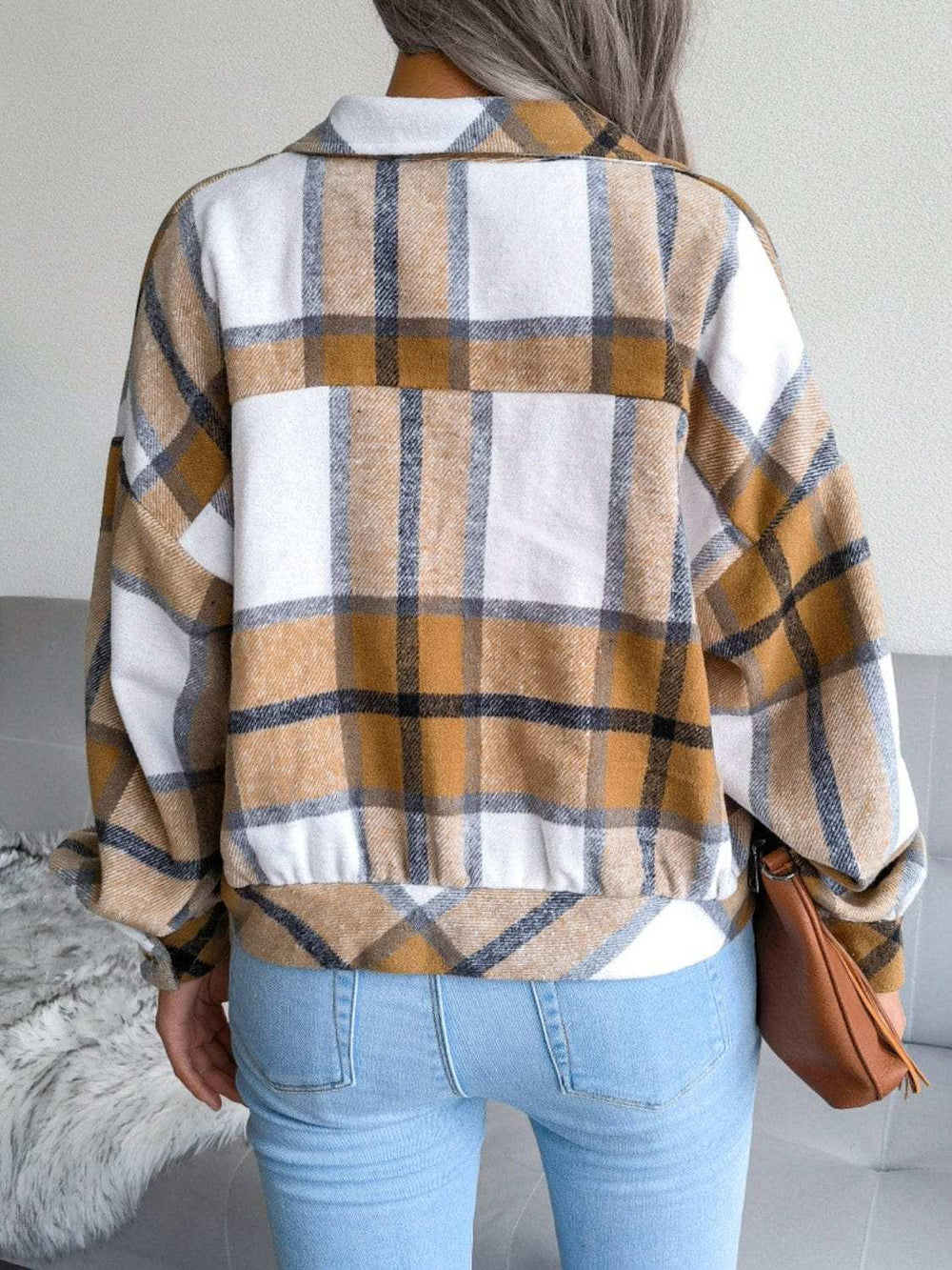 Plaid Collared Neck Long Sleeve Jacket - Trendsi - Flyclothing LLC