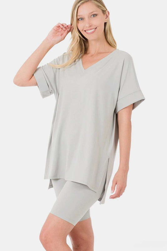 Zenana Full Size V-Neck Short Sleeve Slit T-Shirt and Shorts Set - Trendsi - Flyclothing LLC