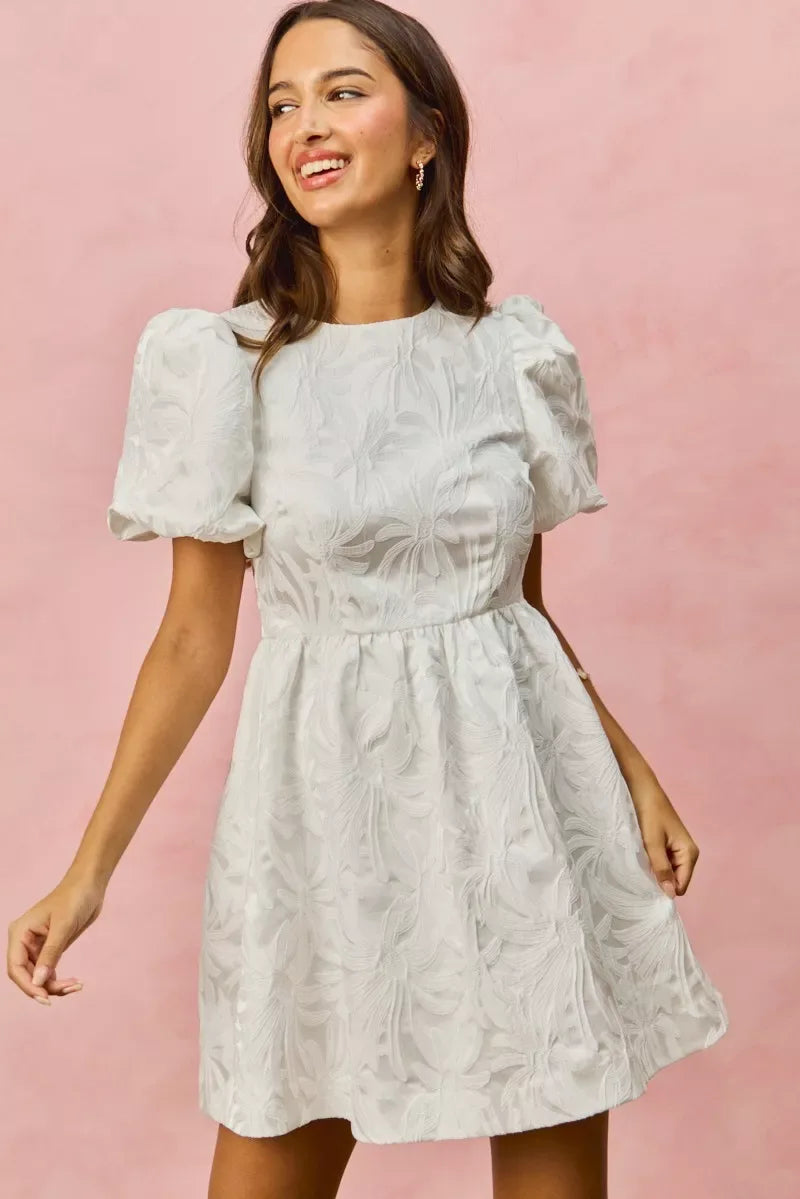 SO ME Floral Jacquard Bubble Shorts Sleeves Mini Dress - Trendsi - Flyclothing LLC