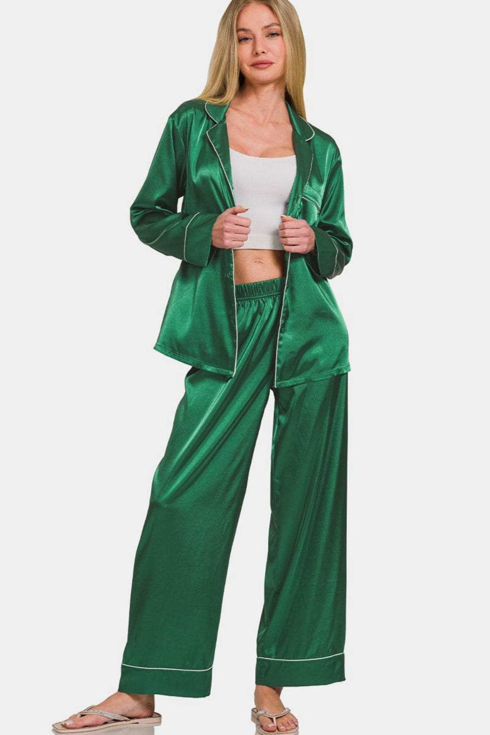 Zenana Satin Long Sleeve Shirt and Pants Pajama Set - Trendsi - Flyclothing LLC