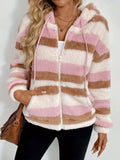 Drawstring Striped Zip Up Hooded Jacket - Trendsi - Flyclothing LLC