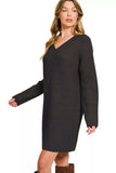 V-Neck Long Sleeve Ribbed Sweater Dress - Trendsi - Flyclothing LLC