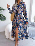 Tied Printed Long Sleeve Midi Dress - Trendsi - Flyclothing LLC
