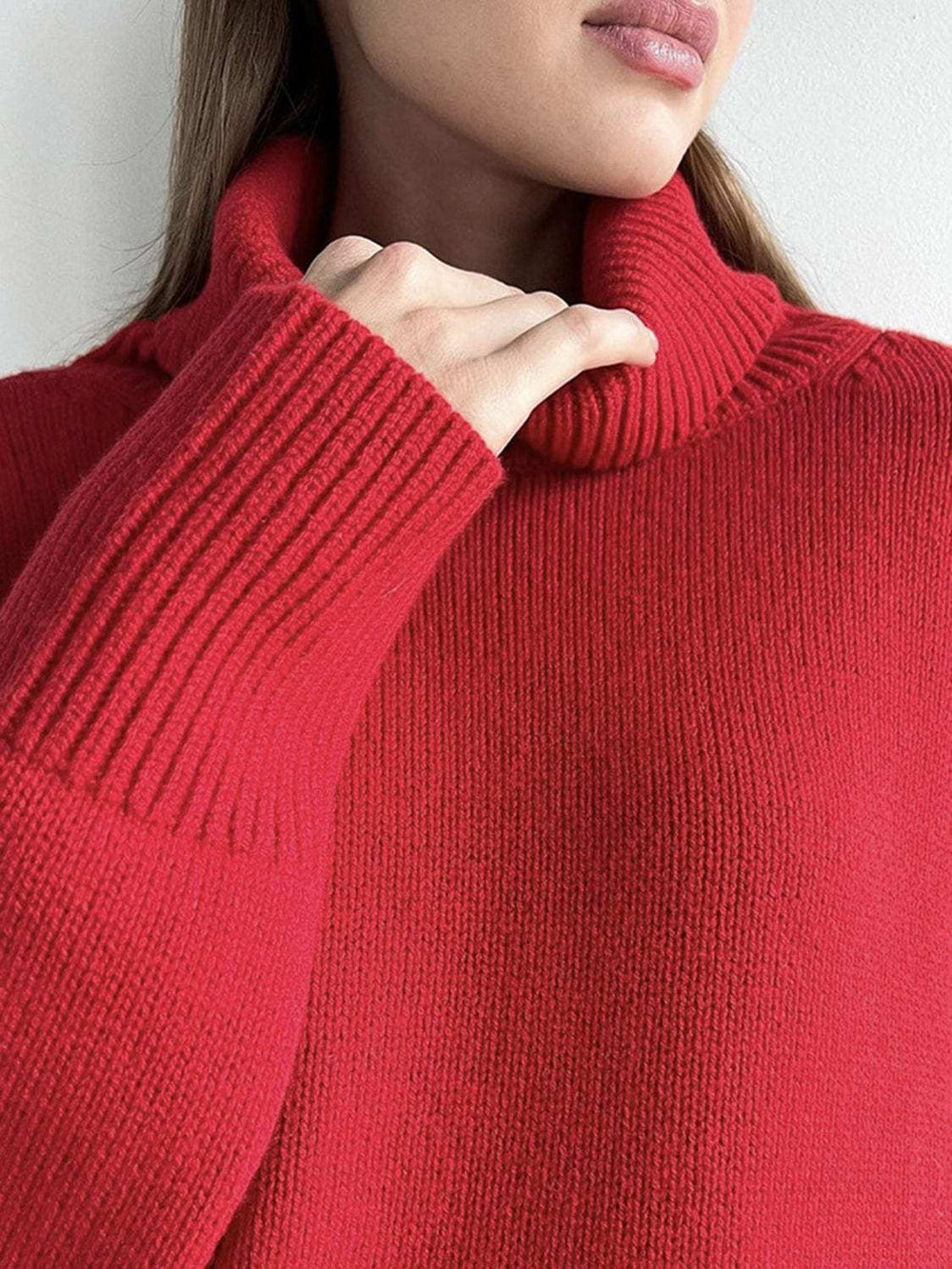 Ribbed Detail Turtleneck Dropped Shoulder Sweater - Trendsi - Flyclothing LLC