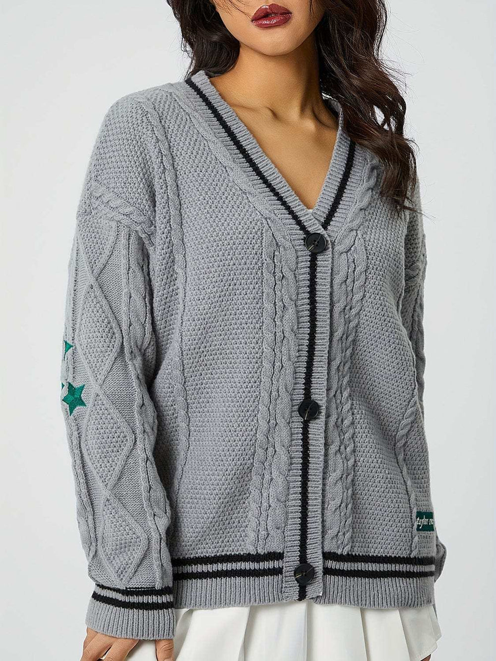 Star Embroidered V-Neck Long Sleeve Cardigan - Trendsi - Flyclothing LLC