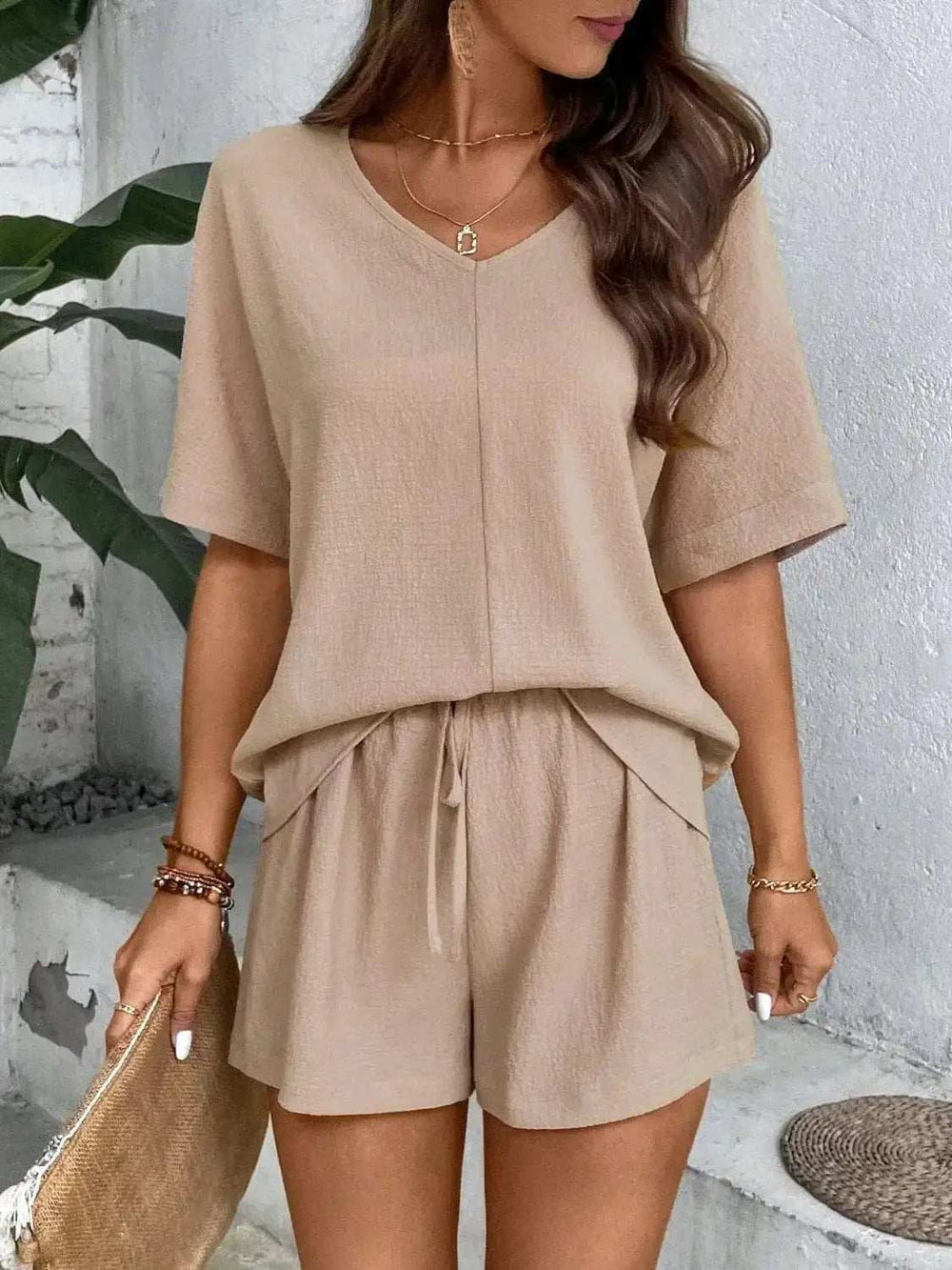 V-Neck Half Sleeve Top and Shorts Set - Trendsi - Flyclothing LLC