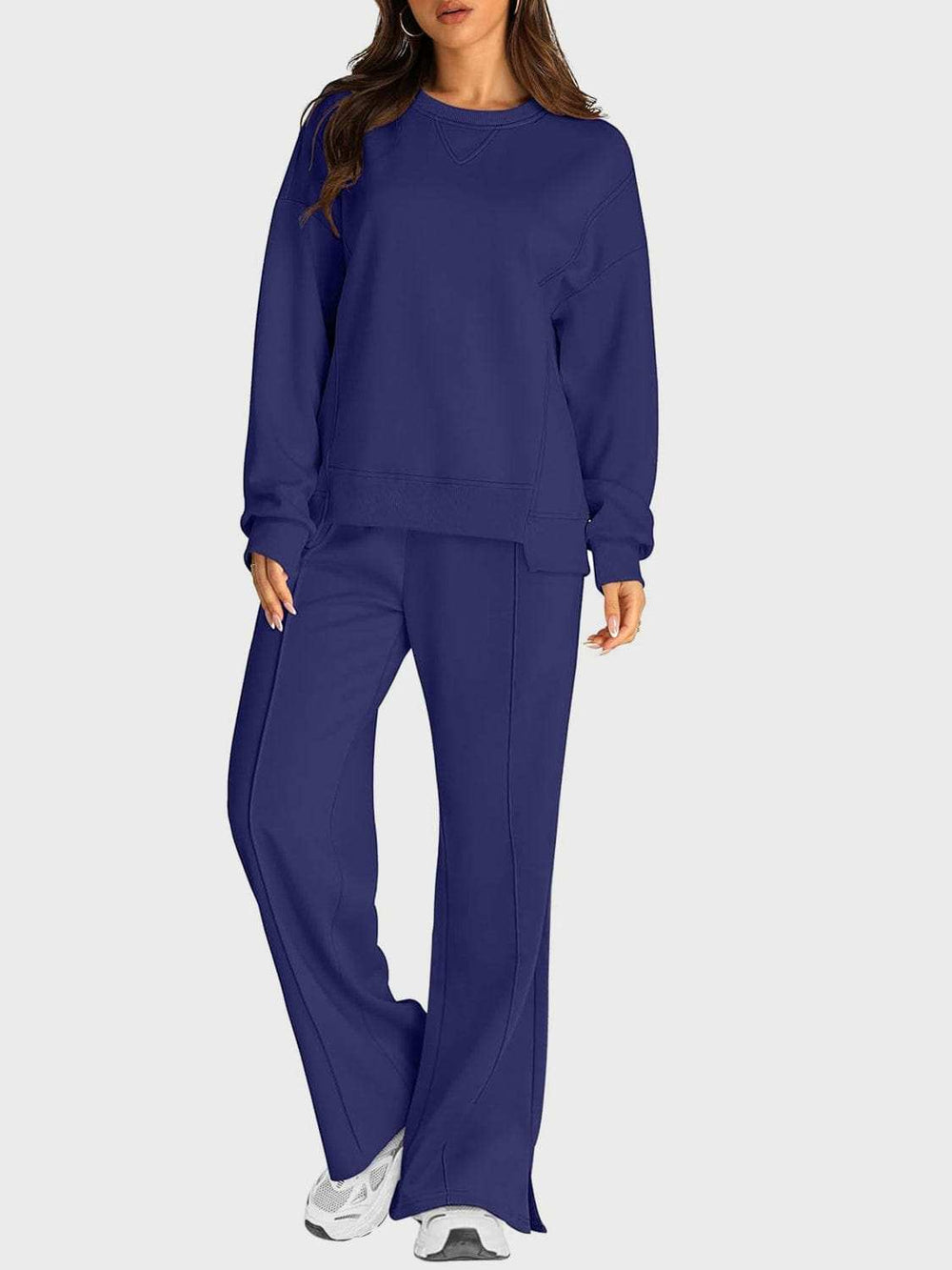 Round Neck Long Sleeve Top and Slit Pants Set - Trendsi - Flyclothing LLC
