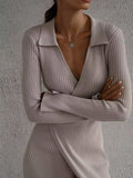 Tied Collared Neck Long Sleeve Sweater Dress - Trendsi - Flyclothing LLC