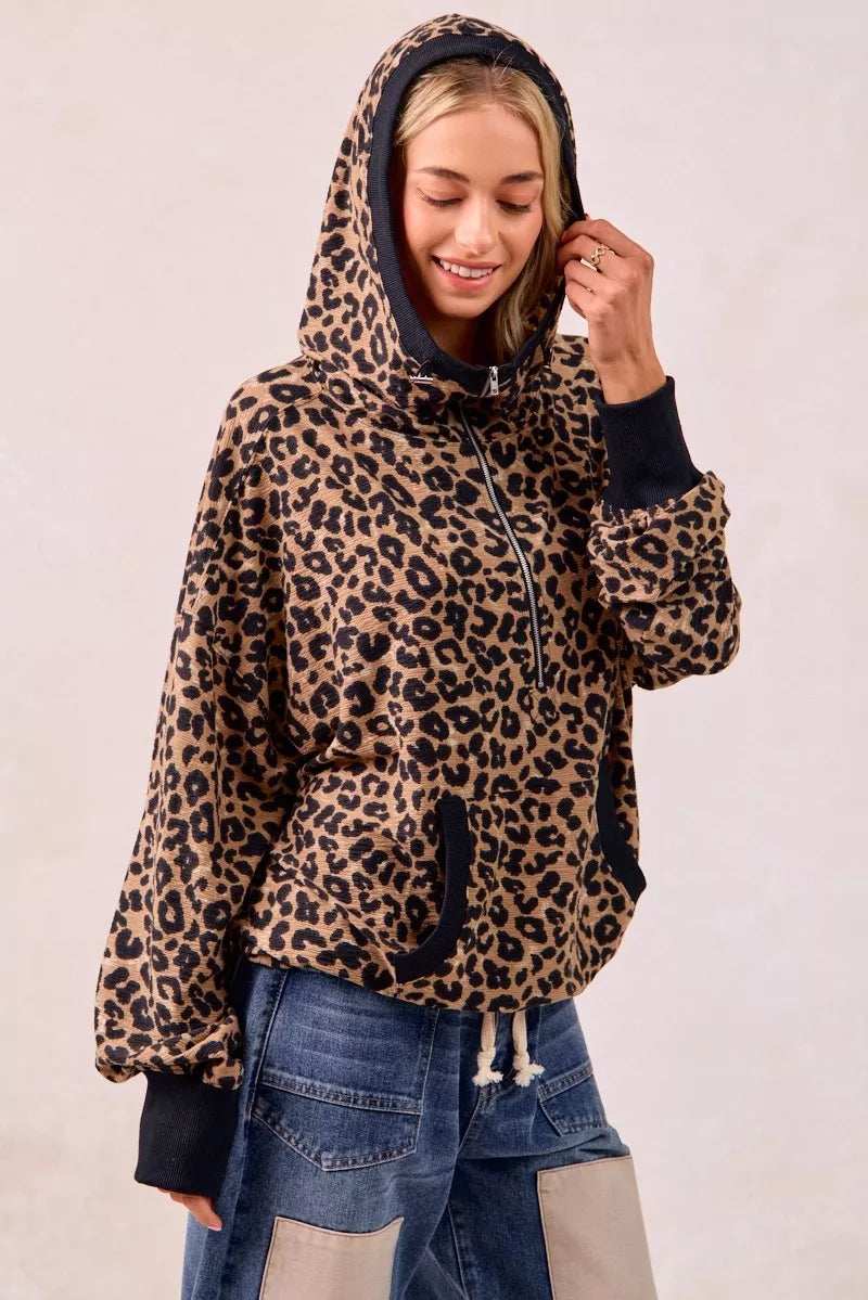 BiBi Leopard Print Waffle Half Zip Up Hoodie W Pocket - Trendsi - Flyclothing LLC