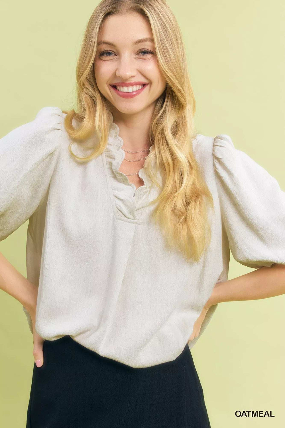 Umgee Linen Scallop Trim V-Neck Blouse - Trendsi - Flyclothing LLC