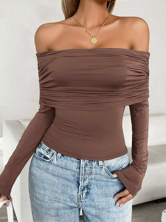 Ruched Off-Shoulder Long Sleeve T-Shirt - Trendsi - Flyclothing LLC