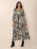 Tied Printed V-Neck Long Sleeve Midi Dress - Trendsi - Flyclothing LLC
