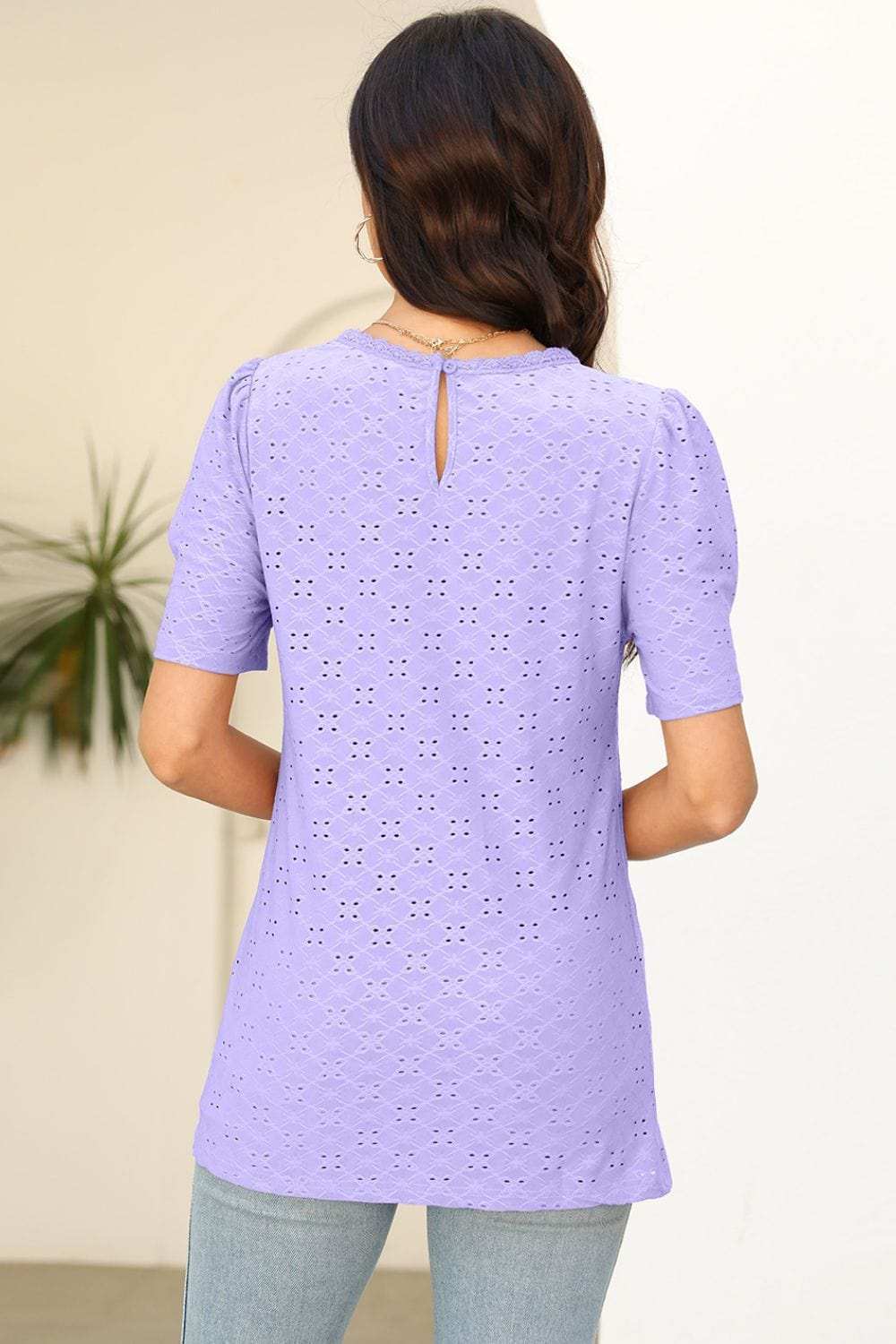 Eyelet Round Neck Short Sleeve T-Shirt - Trendsi - Flyclothing LLC