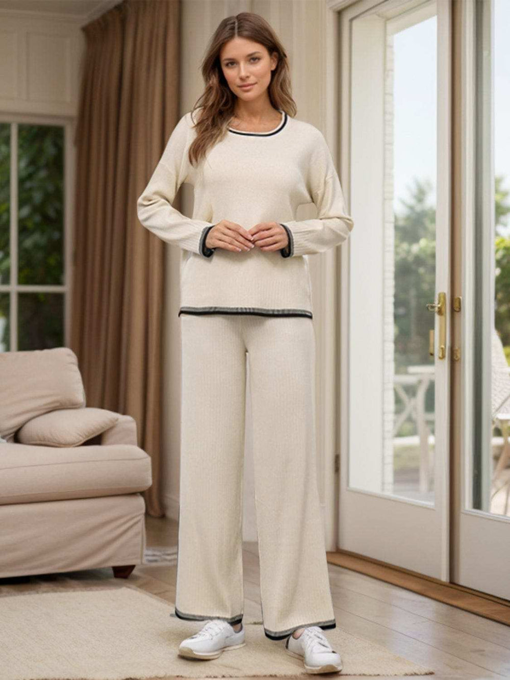 Contrast Trim Round Neck Top and Pants Sweater Set - Trendsi - Flyclothing LLC