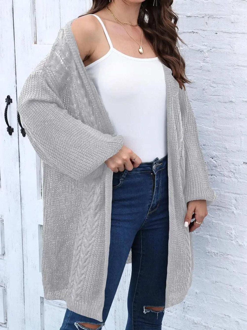 Cable-Knit Open Front Long Sleeve Cardigan - Trendsi - Flyclothing LLC