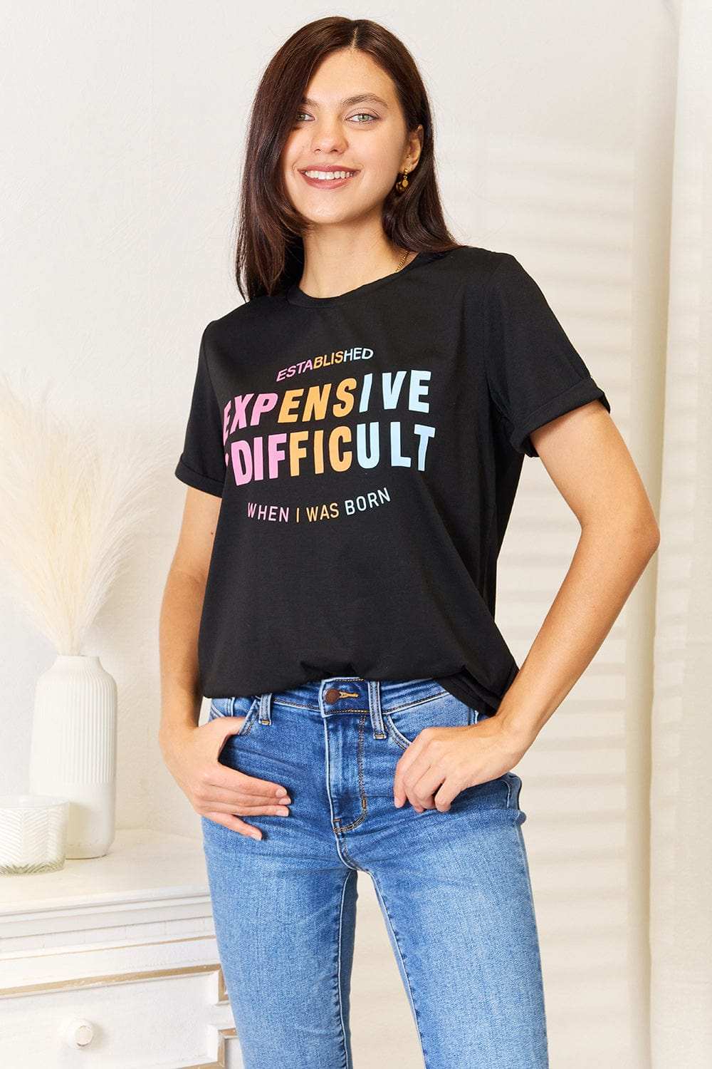 Simply Love Slogan Graphic Cuffed Sleeve T-Shirt - Trendsi - Flyclothing LLC