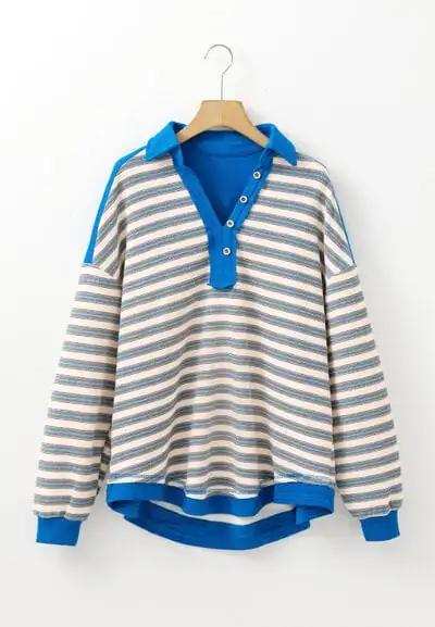 Striped Johnny Collar Long Sleeve Sweatshirt - Trendsi - Flyclothing LLC