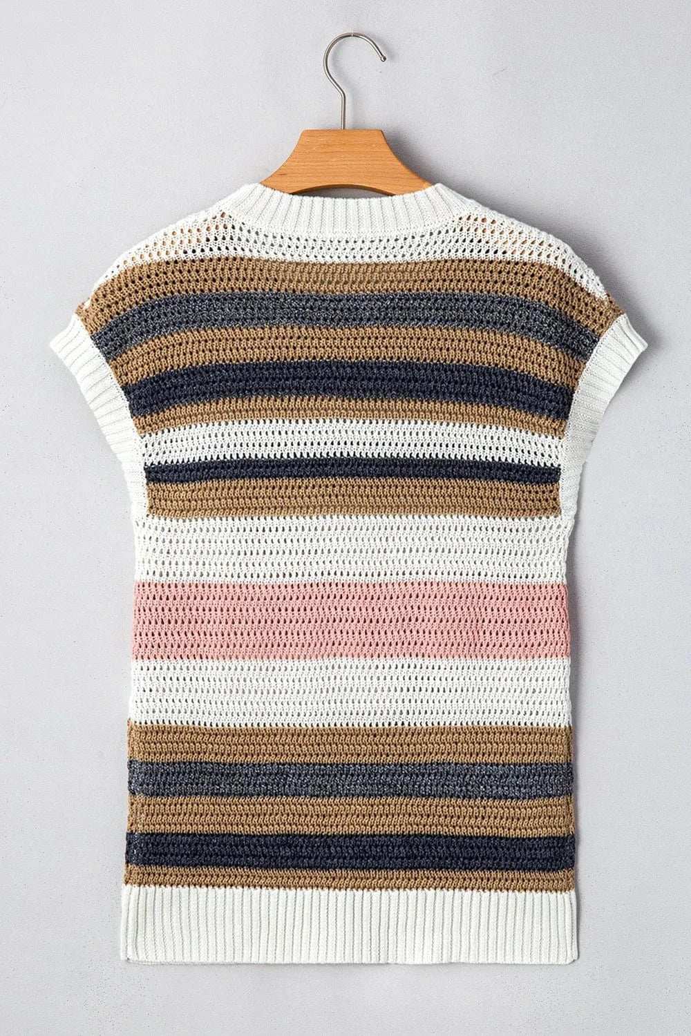 Stripe Color Block Eyelet Knit Short Sleeve Knit Top - Trendsi - Flyclothing LLC