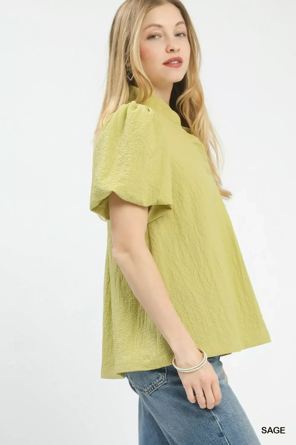 Umgee Seersucker Puff Sleeve Blouse - Trendsi - Flyclothing LLC