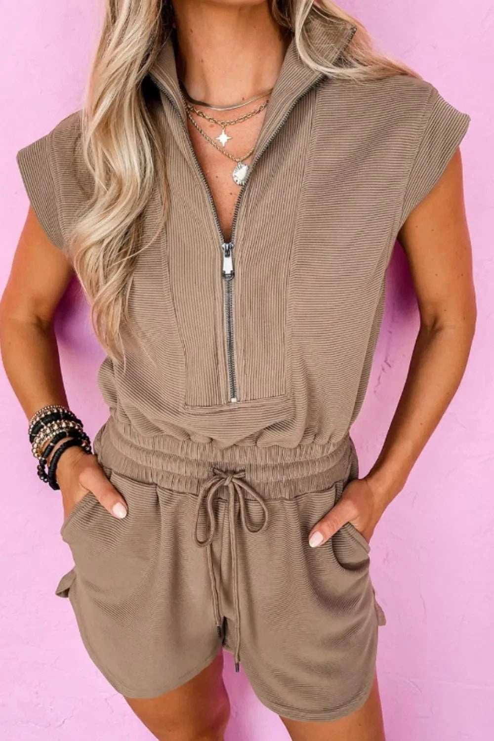 Textured Short Sleeve Half Zip Drawstring Waist Romper - Trendsi - Flyclothing LLC