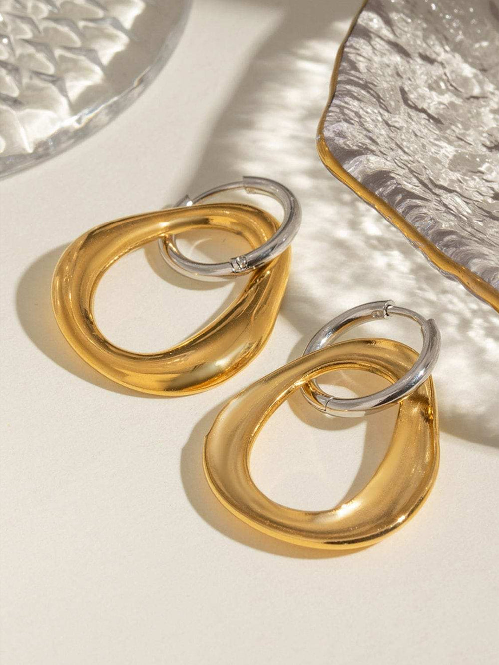 18K Gold-Plated Stainless Steel Contrast Asymmetrical Earrings - Trendsi - Flyclothing LLC