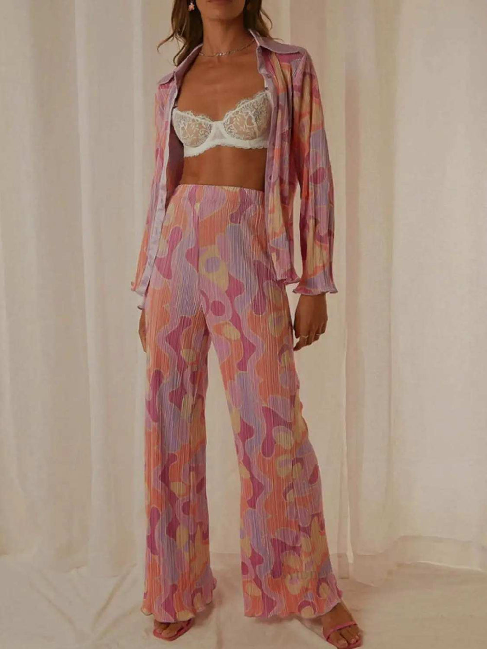 Printed Collared Neck Long Sleeve Top and Pants Lounge Set - Trendsi - Flyclothing LLC
