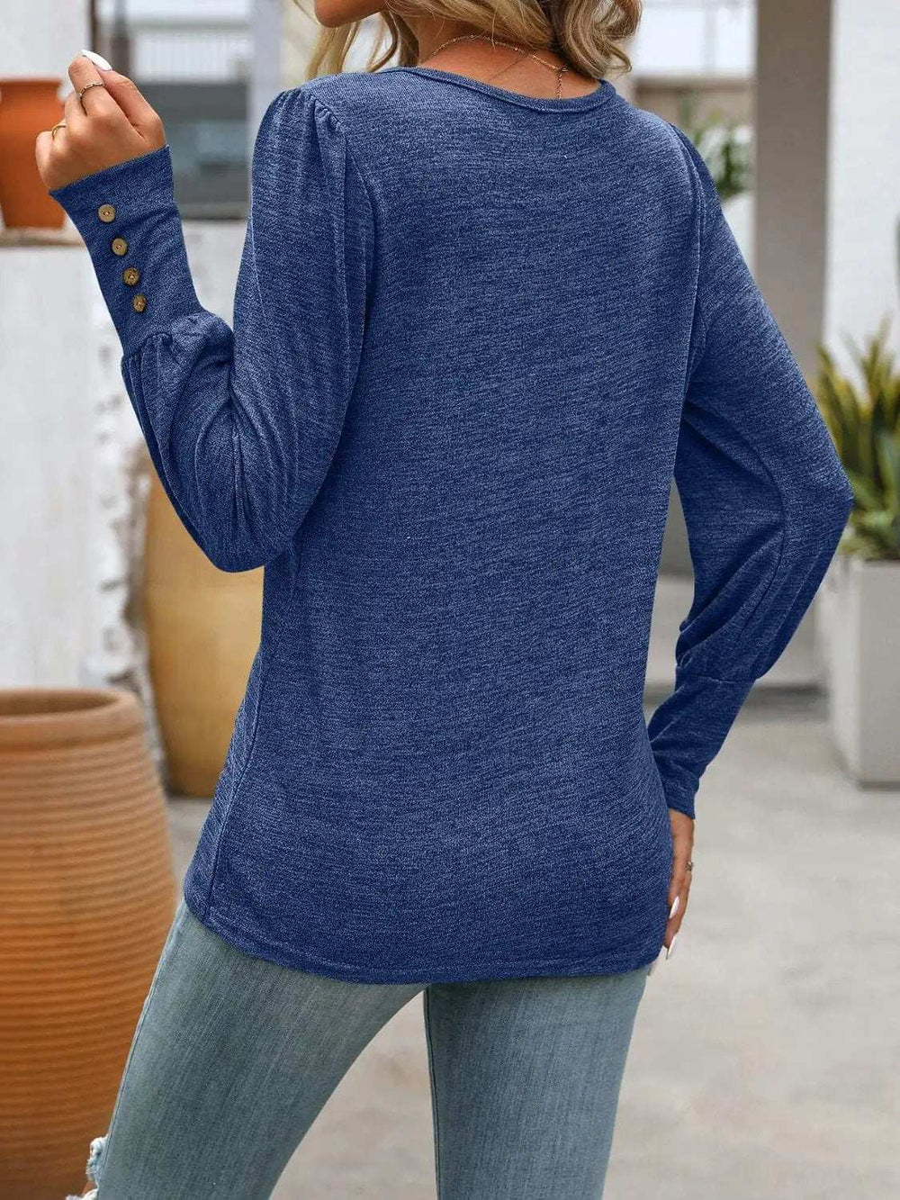Decorative Button Round Neck Long Sleeve T-Shirt - Trendsi - Flyclothing LLC