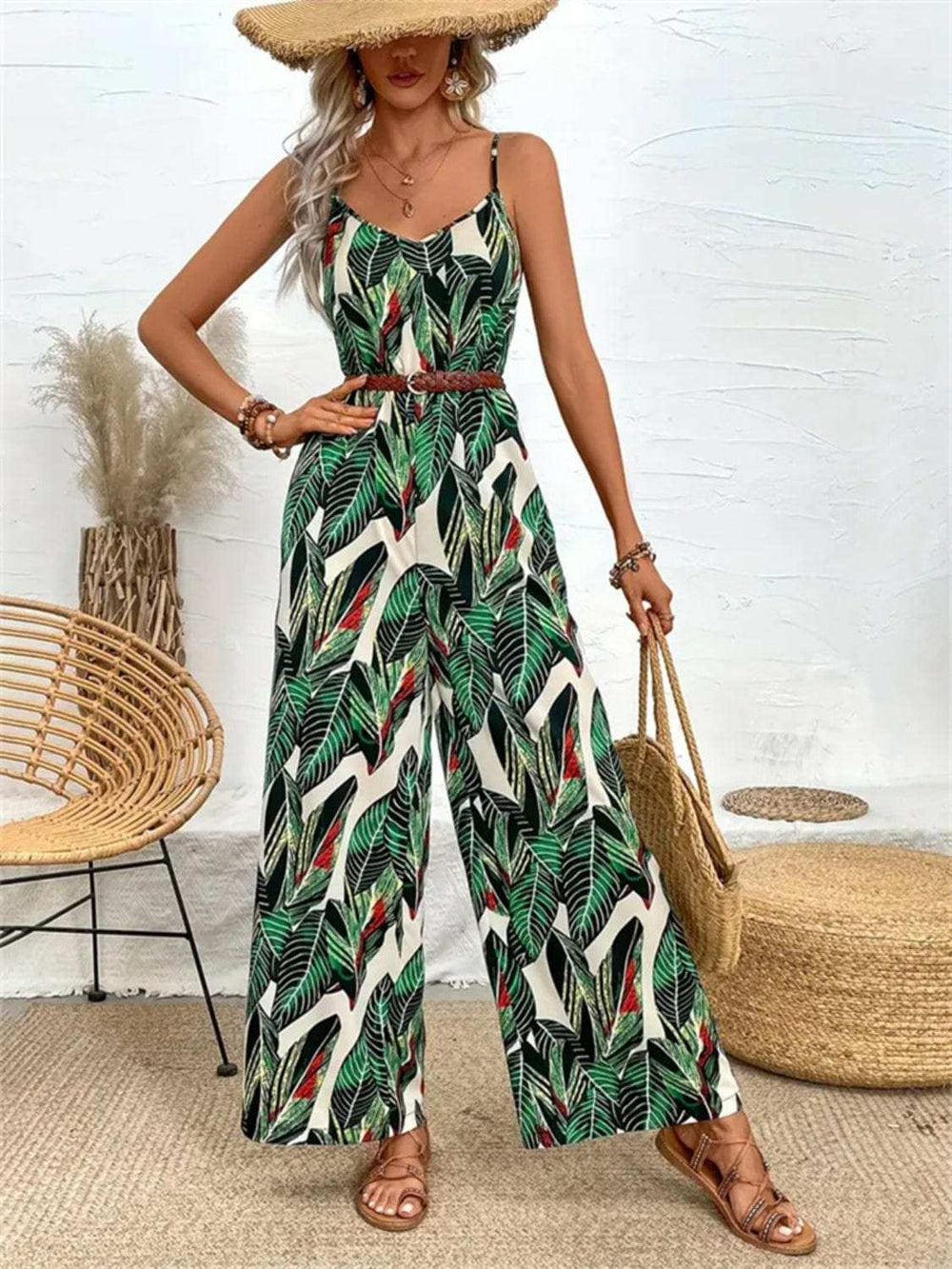 Tropical Print Spaghetti Strap Wide Leg Jumpsuit - Trendsi - Flyclothing LLC