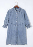 Distressed Collared Neck Flounce Sleeve Denim Dress - Trendsi - Flyclothing LLC