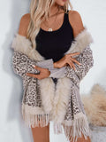 Fringe Leopard Open Front Long Sleeve Poncho - Trendsi - Flyclothing LLC