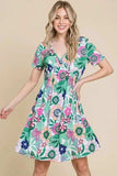 BOMBOM Ruched Floral V-Neck Short Sleeve Dress - Trendsi - Flyclothing LLC