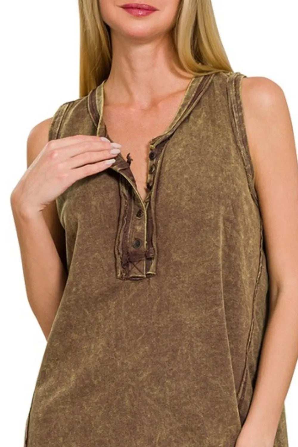 Zenana Washed Half-Button Raw Edge Sleeveless Henley Top - Trendsi - Flyclothing LLC