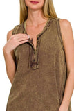Zenana Washed Half-Button Raw Edge Sleeveless Henley Top - Trendsi - Flyclothing LLC