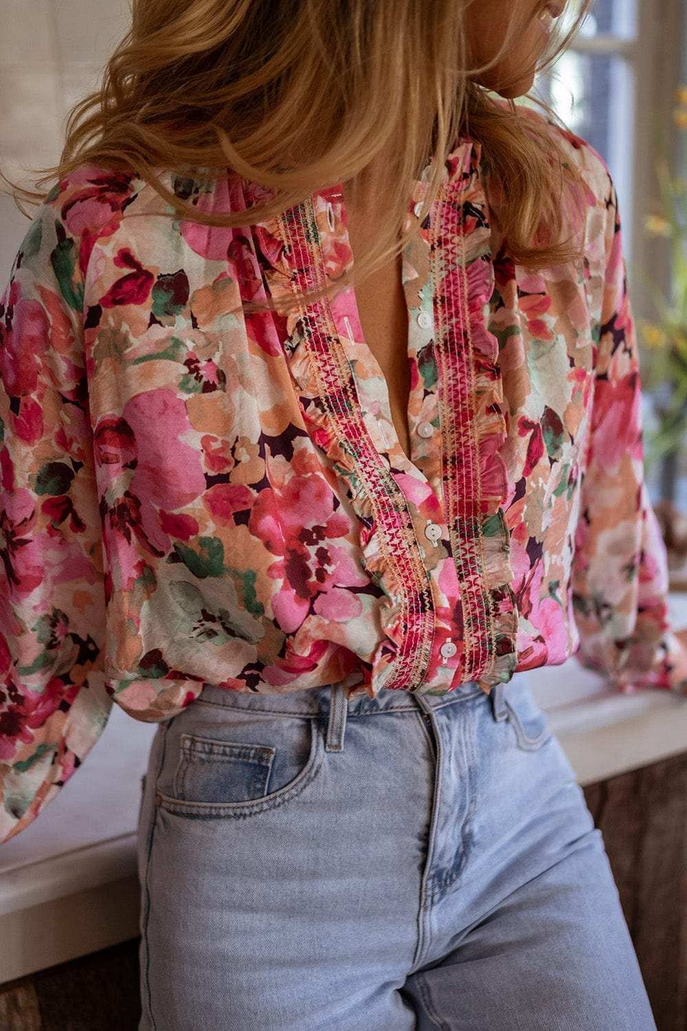 Frill Floral Button Down Long Sleeve Shirt - Trendsi - Flyclothing LLC